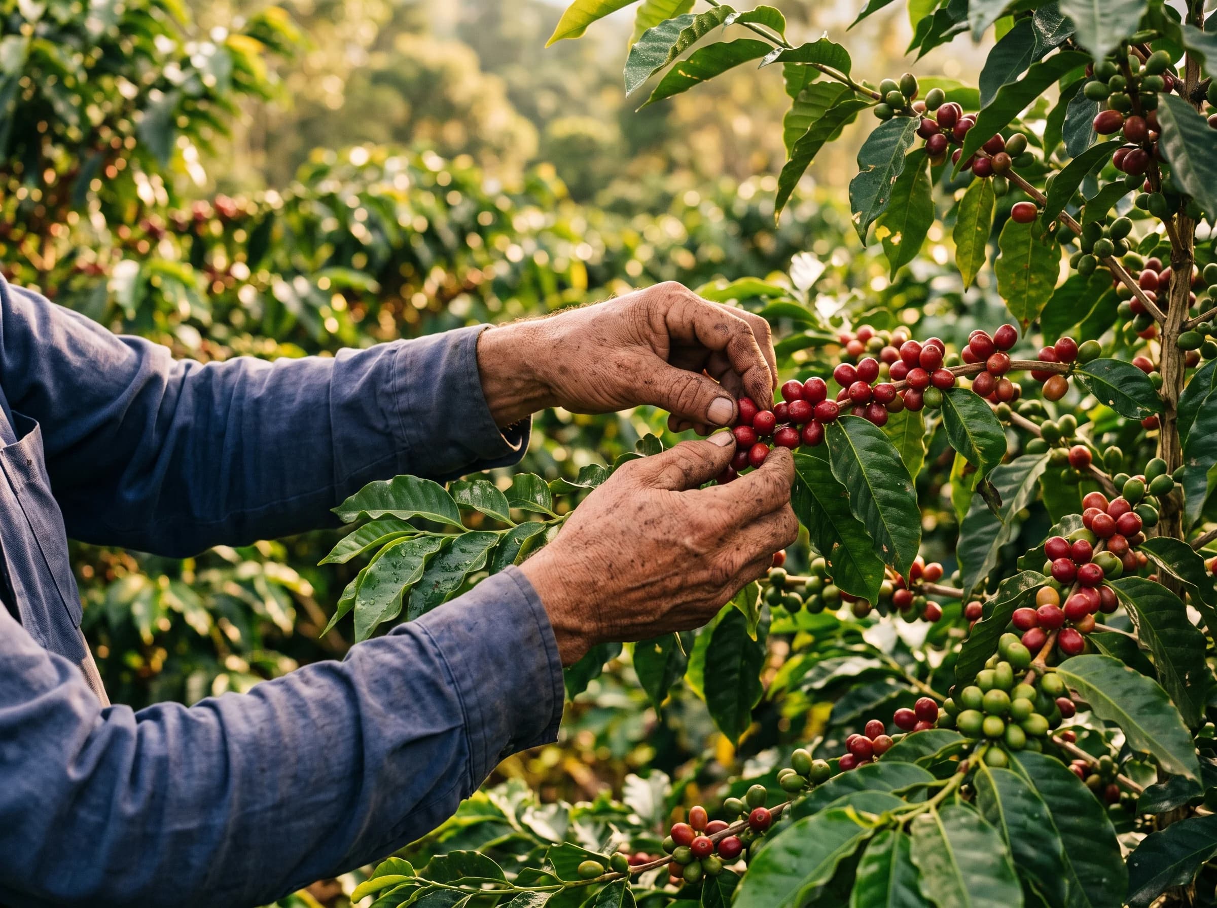 コーヒーチェリーを手摘みする生産者の手元